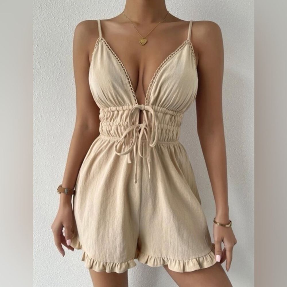 Ruffle Hem Romper Tie Front Smocked‎ Waist Spaghetti Strap Beige